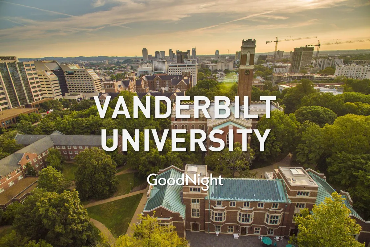 A panoramic view of Vanderbilt University’s classic buildings and clock tower set against the city skyline. The scene conveys the energy of an academic environment and its integration into the urban Nashville landscape.