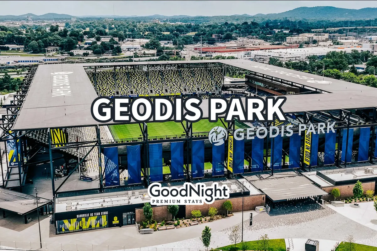 A dynamic exterior view of Geodis Park stadium with prominent event branding and the surrounding neighborhood, set against an exciting backdrop that hints at community energy and sports events. The scene conveys the excitement of being near major venues and attractions.