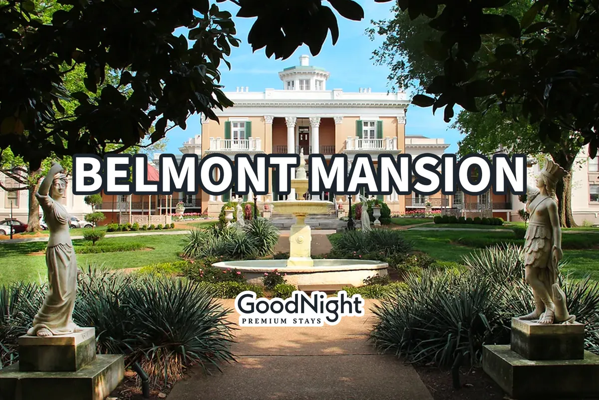 The elegant exterior of Belmont Mansion, with a graceful fountain, classical statues, and lush gardens, creates a refined and historical ambiance. The scene invites leisurely strolls and moments of connection within beautiful, manicured grounds.